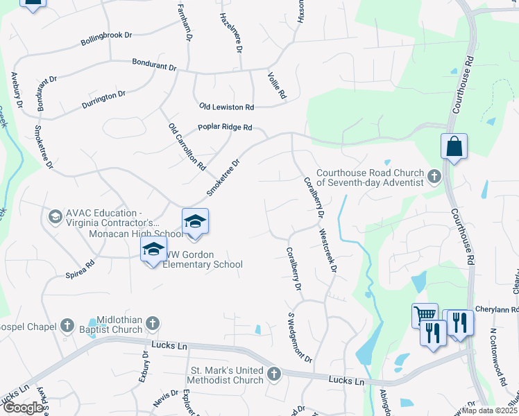 map of restaurants, bars, coffee shops, grocery stores, and more near 624 McCauliff Drive in Richmond