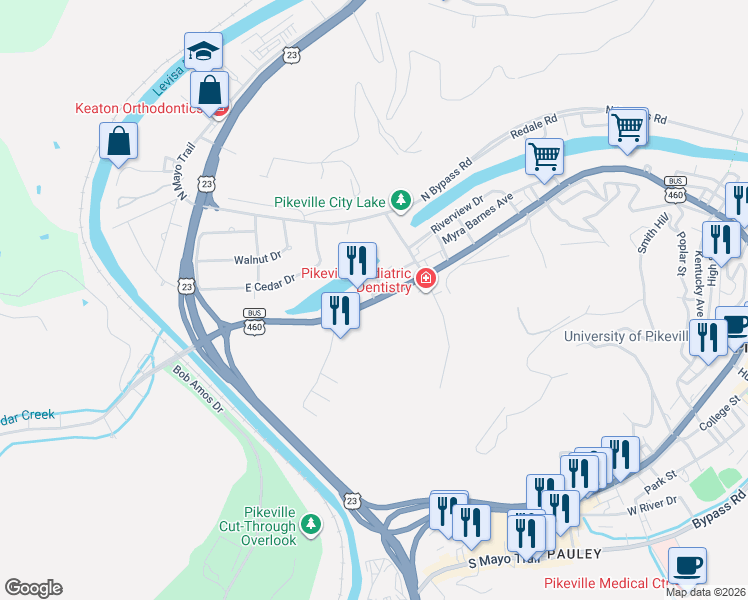 map of restaurants, bars, coffee shops, grocery stores, and more near 120 Williams Drive in Pikeville