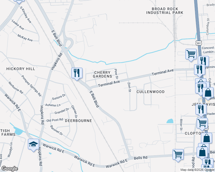 map of restaurants, bars, coffee shops, grocery stores, and more near 3229 Terminal Avenue in Richmond