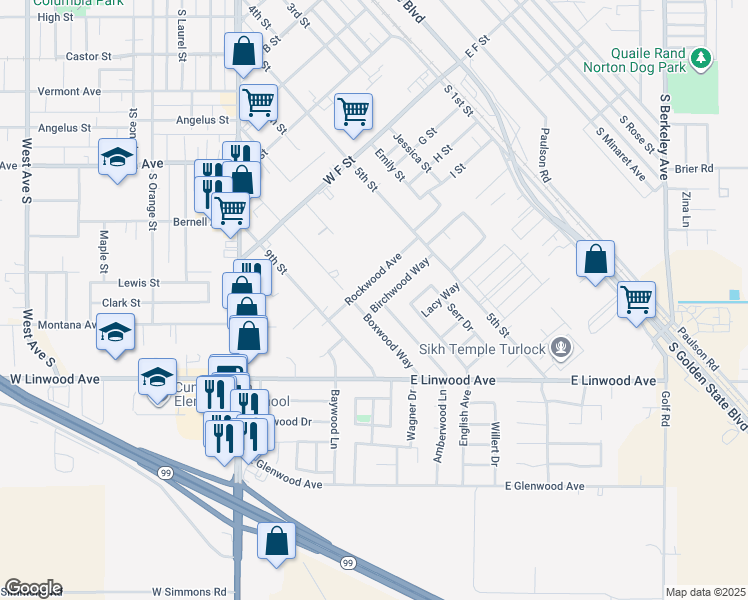 map of restaurants, bars, coffee shops, grocery stores, and more near 755 Birchwood Way in Turlock