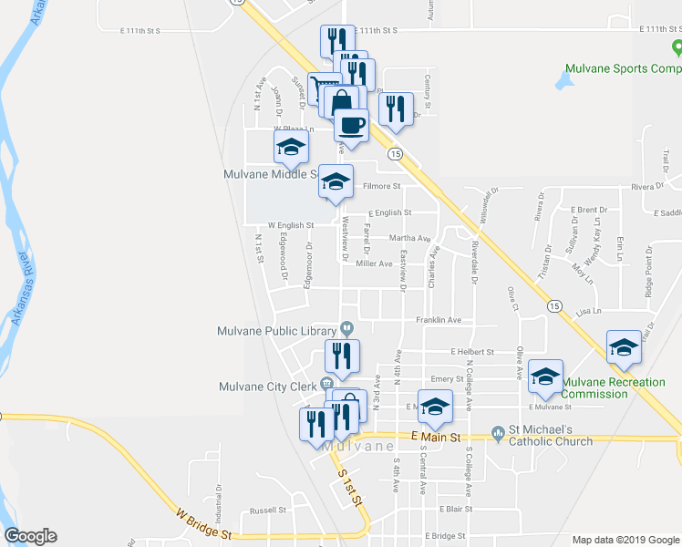 map of restaurants, bars, coffee shops, grocery stores, and more near 601 North 2nd Avenue in Mulvane