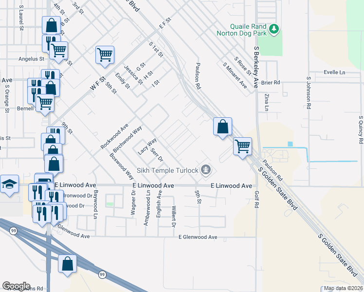 map of restaurants, bars, coffee shops, grocery stores, and more near 1309 5th Street in Turlock