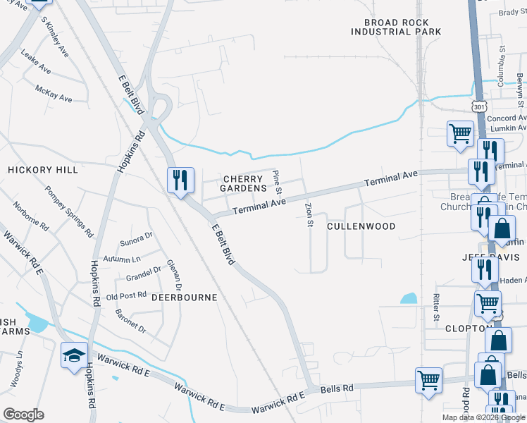 map of restaurants, bars, coffee shops, grocery stores, and more near 3229 Terminal Avenue in Richmond