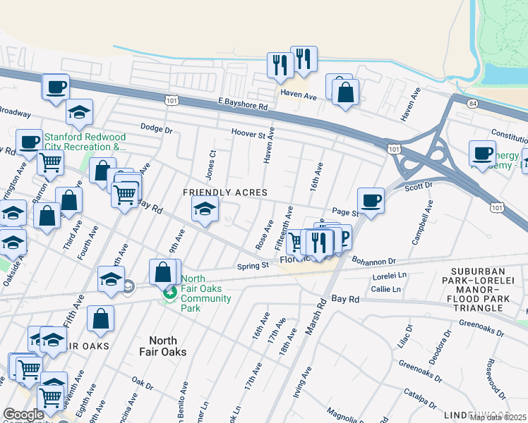 map of restaurants, bars, coffee shops, grocery stores, and more near 984 Haven Avenue in Redwood City