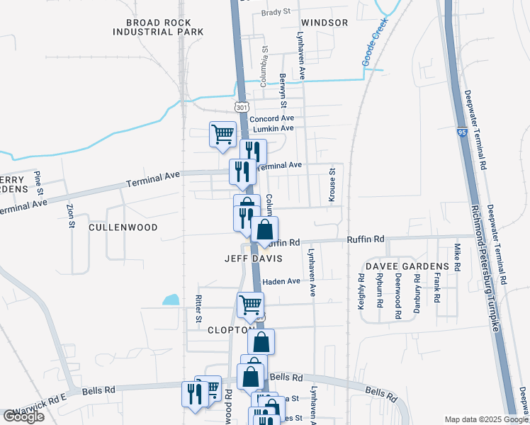 map of restaurants, bars, coffee shops, grocery stores, and more near 3101 Columbia Street in Richmond