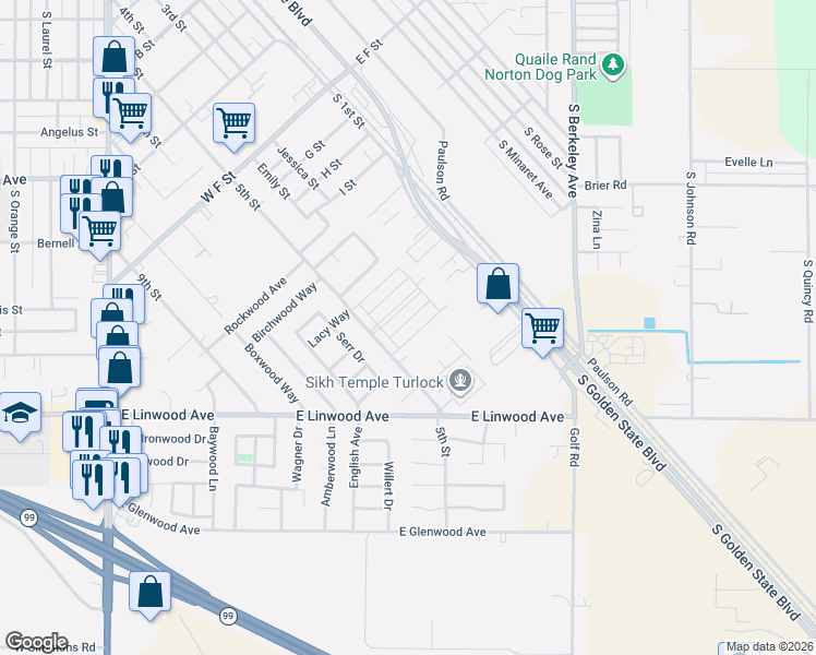 map of restaurants, bars, coffee shops, grocery stores, and more near 1309 5th Street in Turlock