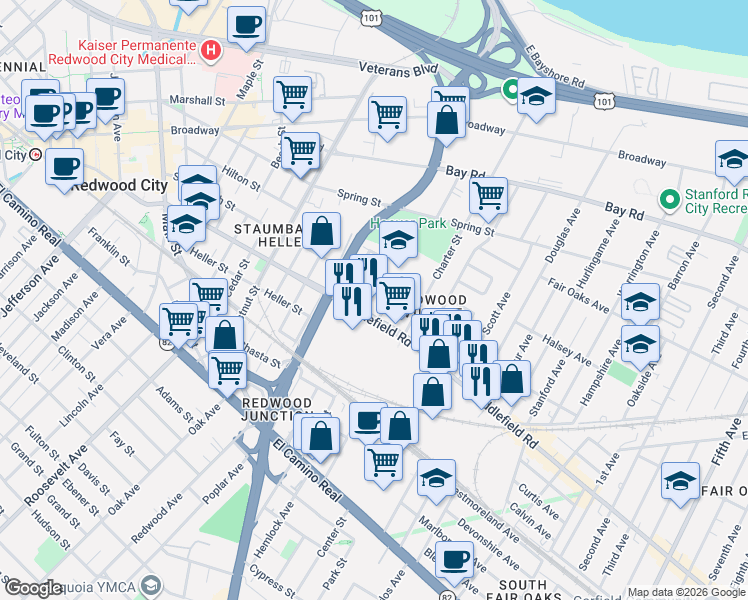 map of restaurants, bars, coffee shops, grocery stores, and more near 2233 Middlefield Road in Redwood City