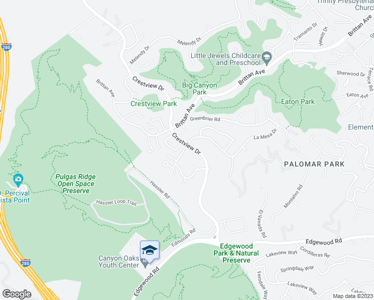 map of restaurants, bars, coffee shops, grocery stores, and more near 3323 La Mesa Drive in San Carlos