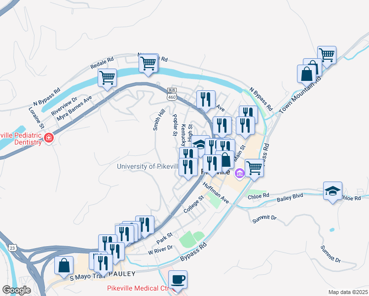 map of restaurants, bars, coffee shops, grocery stores, and more near Kentucky Avenue in Pikeville