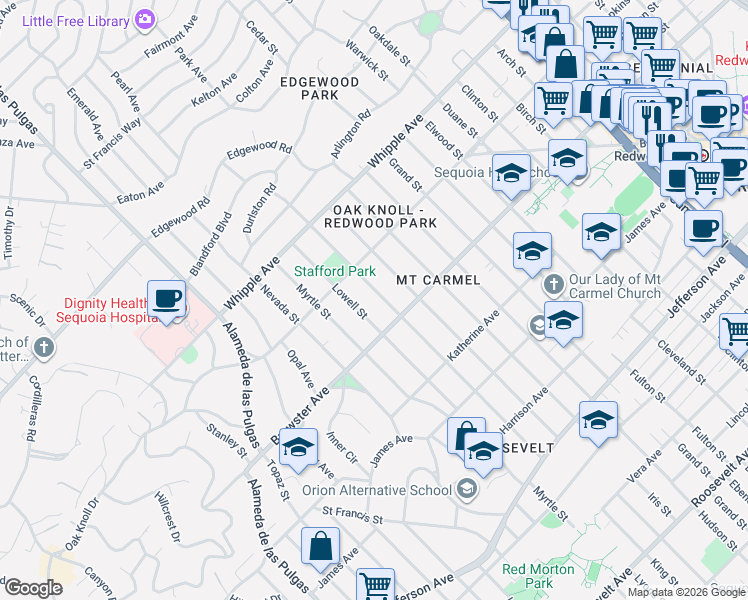 map of restaurants, bars, coffee shops, grocery stores, and more near 188 King Street in Redwood City