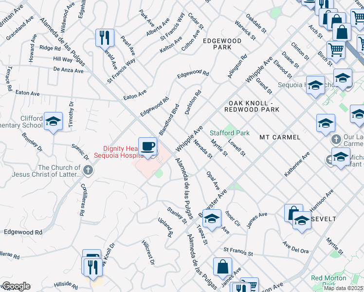 map of restaurants, bars, coffee shops, grocery stores, and more near 2 Hillview Avenue in Redwood City