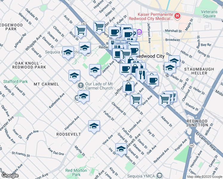 map of restaurants, bars, coffee shops, grocery stores, and more near 417 Harrison Avenue in Redwood City