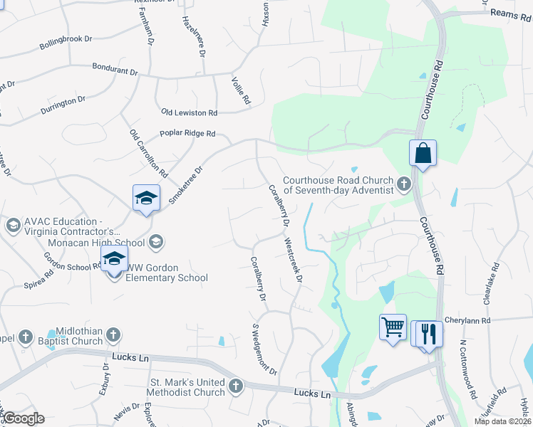 map of restaurants, bars, coffee shops, grocery stores, and more near 642 Coralberry Drive in Richmond