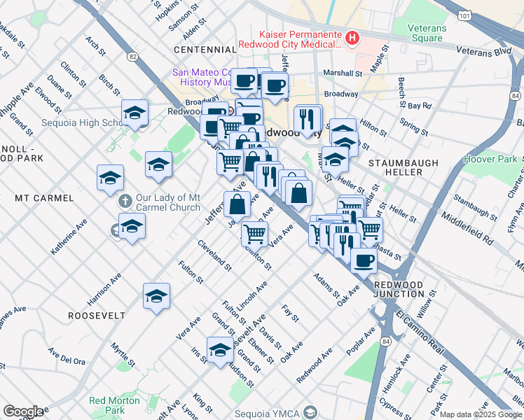 map of restaurants, bars, coffee shops, grocery stores, and more near 143 Madison Avenue in Redwood City