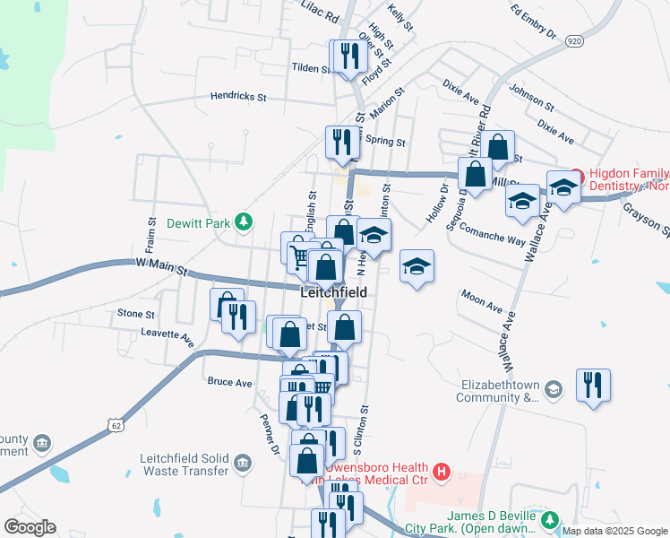 map of restaurants, bars, coffee shops, grocery stores, and more near in Leitchfield