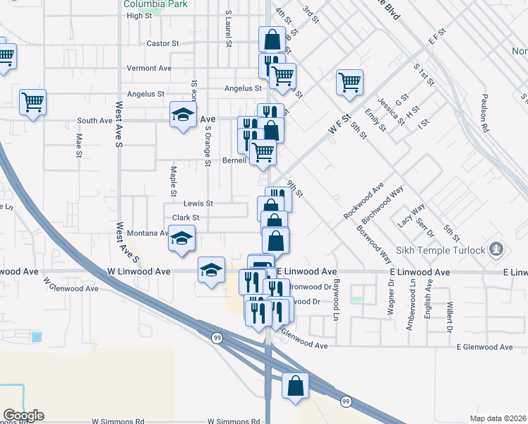 map of restaurants, bars, coffee shops, grocery stores, and more near 1291 Lander Avenue in Turlock