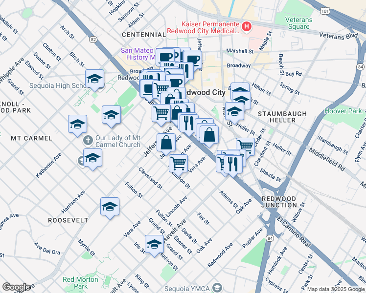 map of restaurants, bars, coffee shops, grocery stores, and more near 146 Madison Avenue in Redwood City