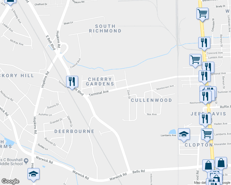 map of restaurants, bars, coffee shops, grocery stores, and more near 3201 Terminal Avenue in Richmond