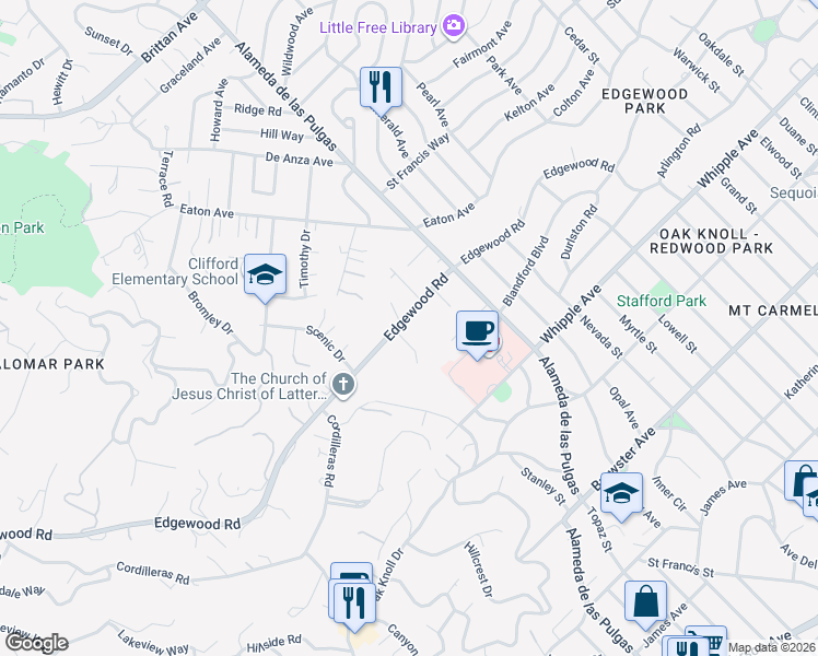 map of restaurants, bars, coffee shops, grocery stores, and more near 2 Edgewood Road in Redwood City