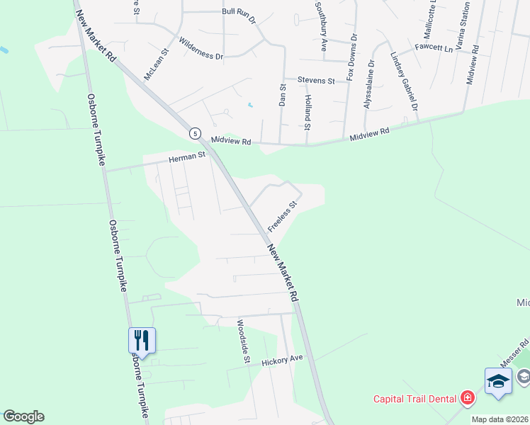 map of restaurants, bars, coffee shops, grocery stores, and more near 1384 New Market Rd in Richmond