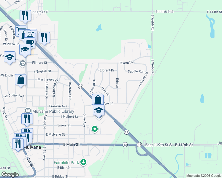 map of restaurants, bars, coffee shops, grocery stores, and more near Moy Lane in Mulvane