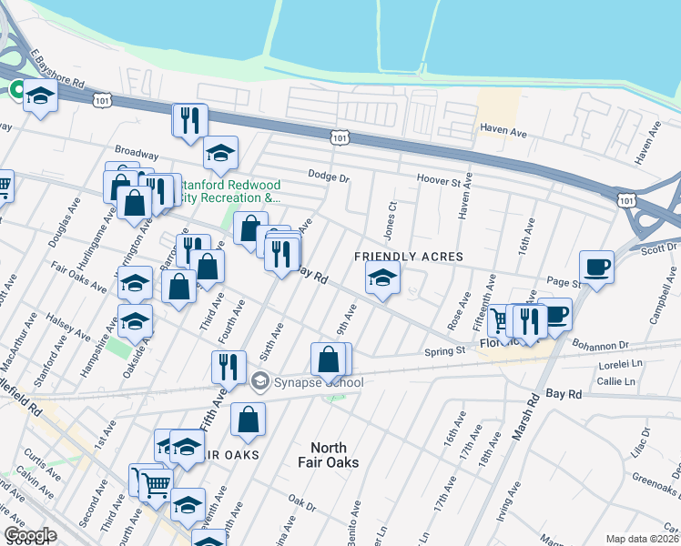 map of restaurants, bars, coffee shops, grocery stores, and more near 844 Eighth Avenue in Redwood City