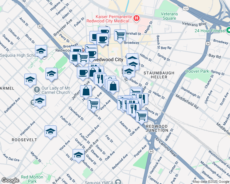 map of restaurants, bars, coffee shops, grocery stores, and more near 1550 El Camino Real in Redwood City