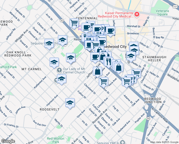 map of restaurants, bars, coffee shops, grocery stores, and more near 631 Clinton Street in Redwood City