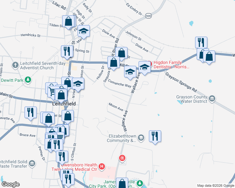 map of restaurants, bars, coffee shops, grocery stores, and more near 101-199 Howard Avenue in Leitchfield