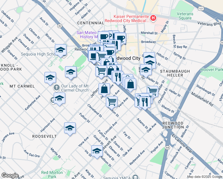 map of restaurants, bars, coffee shops, grocery stores, and more near 149 Jackson Avenue in Redwood City