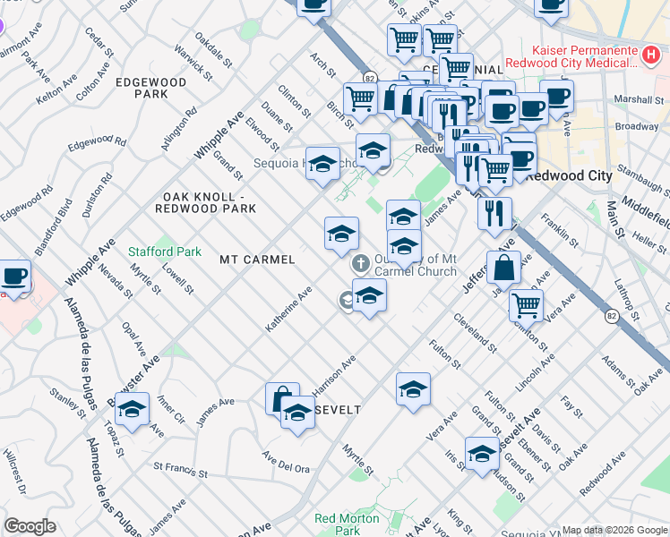map of restaurants, bars, coffee shops, grocery stores, and more near 100 Grand Street in Redwood City