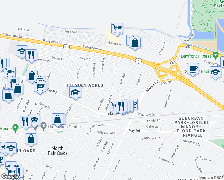 map of restaurants, bars, coffee shops, grocery stores, and more near Fifteenth Avenue in Redwood City