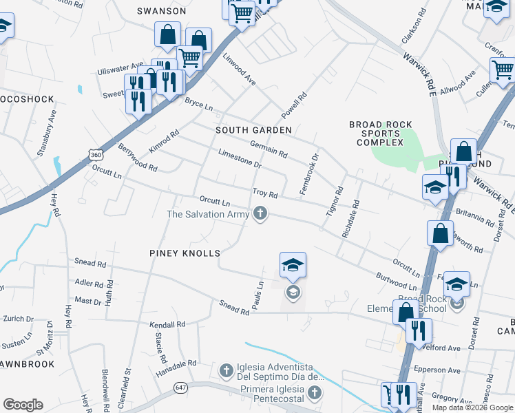 map of restaurants, bars, coffee shops, grocery stores, and more near 5330 Orcutt Lane in Richmond