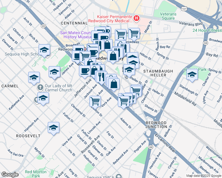 map of restaurants, bars, coffee shops, grocery stores, and more near 113 Monroe Street in Redwood City