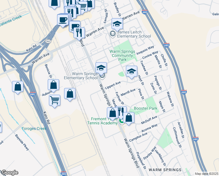 map of restaurants, bars, coffee shops, grocery stores, and more near 102 Action Court in Fremont