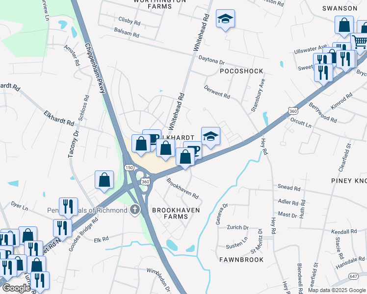 map of restaurants, bars, coffee shops, grocery stores, and more near 6424 Elkhardt Road in Richmond