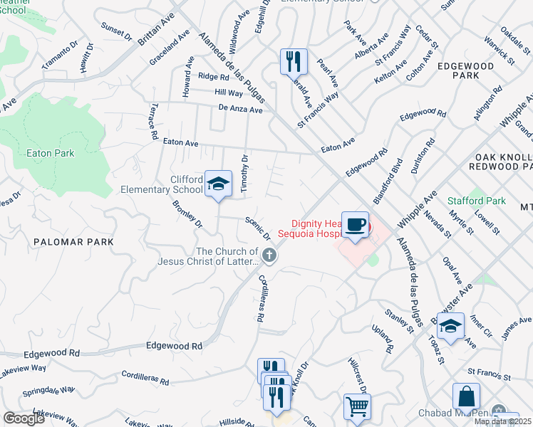 map of restaurants, bars, coffee shops, grocery stores, and more near 140 Brecon Court in Redwood City