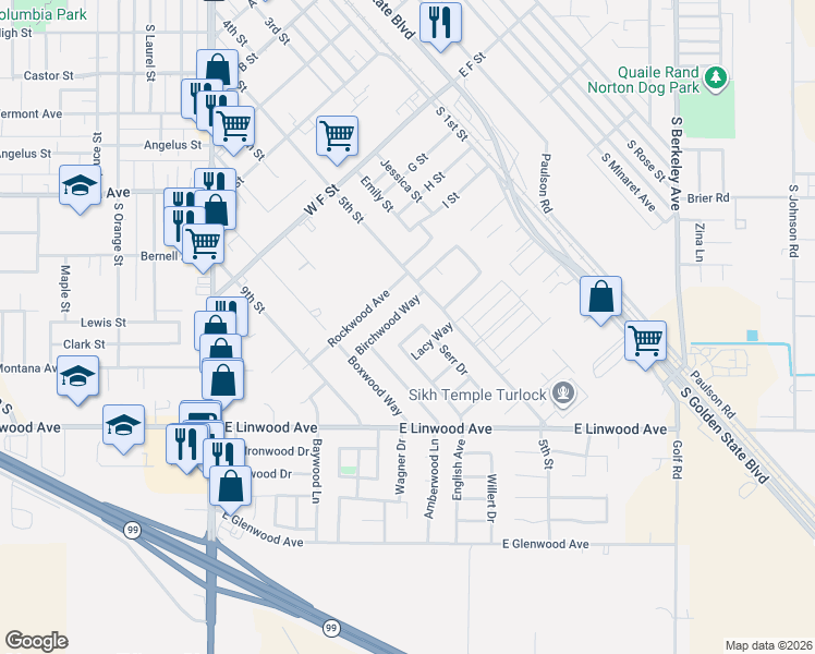 map of restaurants, bars, coffee shops, grocery stores, and more near 573 Birchwood Way in Turlock