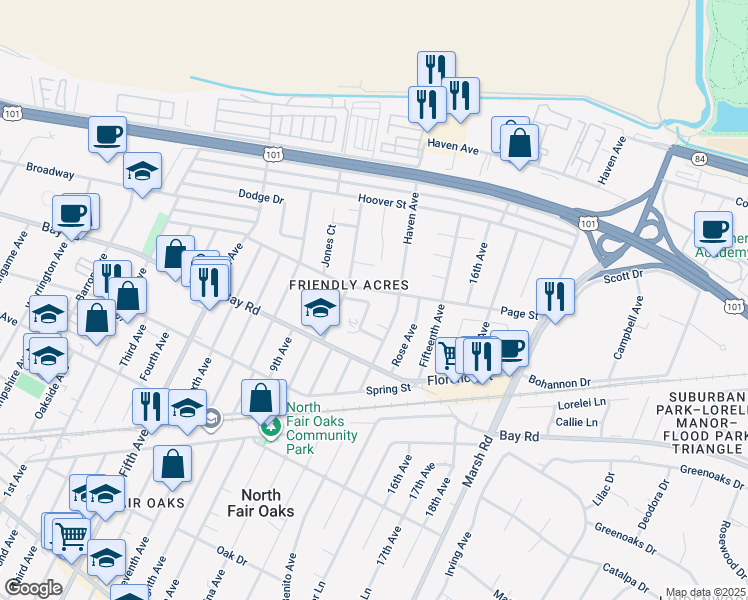 map of restaurants, bars, coffee shops, grocery stores, and more near 3449 Page Street in Redwood City