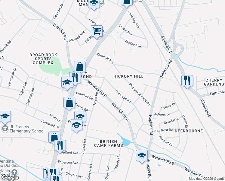map of restaurants, bars, coffee shops, grocery stores, and more near 4306 Norborne Road in Richmond