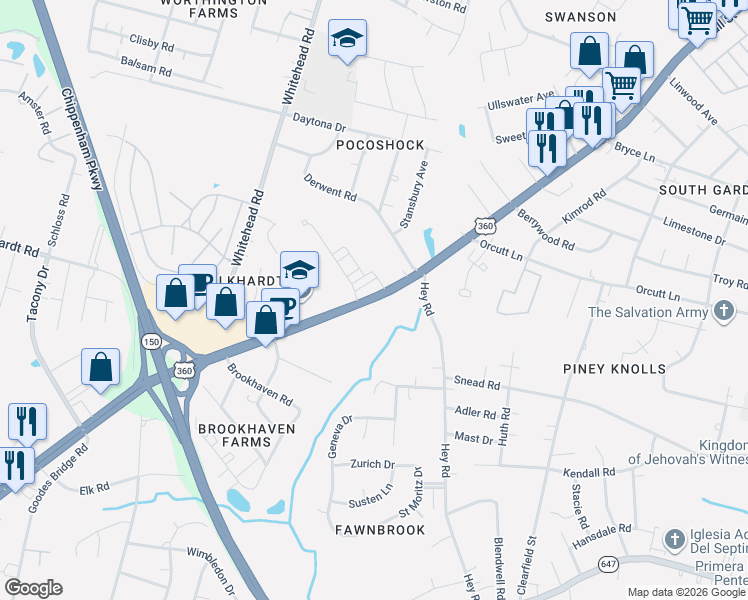 map of restaurants, bars, coffee shops, grocery stores, and more near 6110 Hull Street Road in Richmond