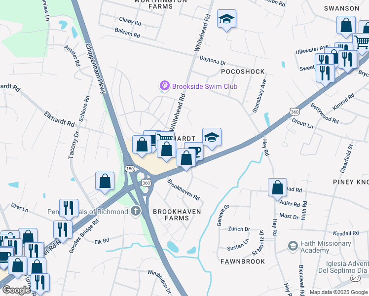 map of restaurants, bars, coffee shops, grocery stores, and more near 6434 Elkhardt Road in Richmond