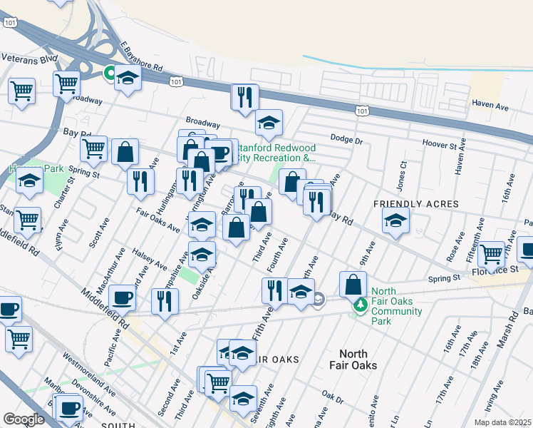 map of restaurants, bars, coffee shops, grocery stores, and more near 877 Second Avenue in Redwood City