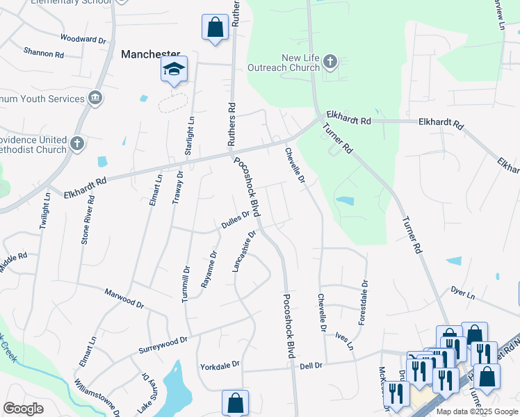 map of restaurants, bars, coffee shops, grocery stores, and more near 1501 Pocoshock Boulevard in Richmond