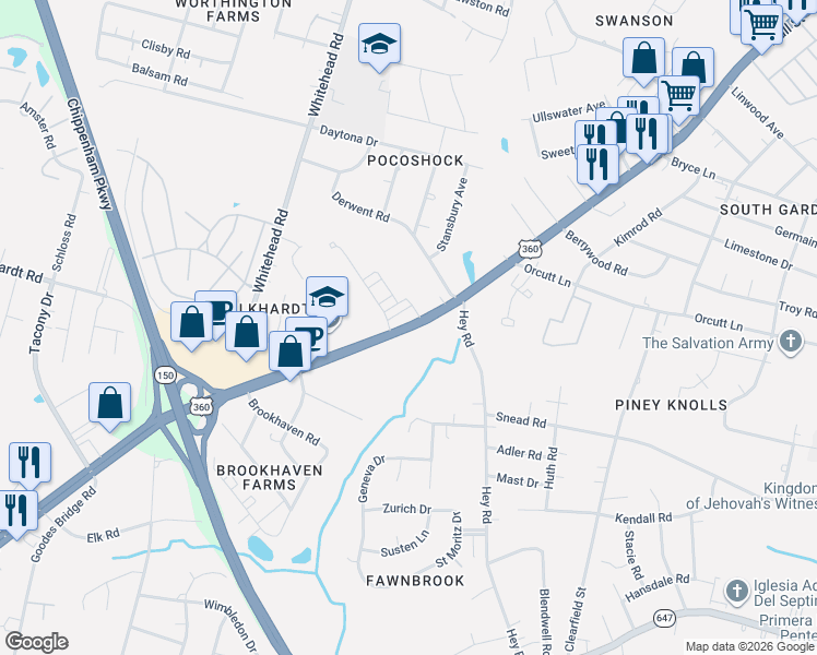 map of restaurants, bars, coffee shops, grocery stores, and more near 6110 Hull Street Road in Richmond