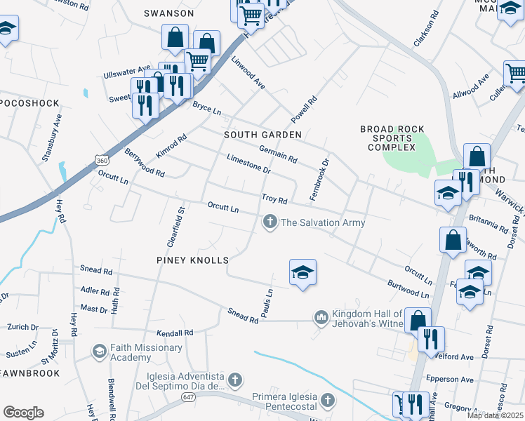 map of restaurants, bars, coffee shops, grocery stores, and more near 5336 Orcutt Lane in Richmond