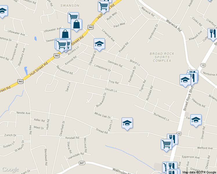 map of restaurants, bars, coffee shops, grocery stores, and more near 5336 Orcutt Lane in Richmond