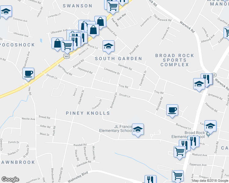 map of restaurants, bars, coffee shops, grocery stores, and more near 5400 Orcutt Lane in Richmond