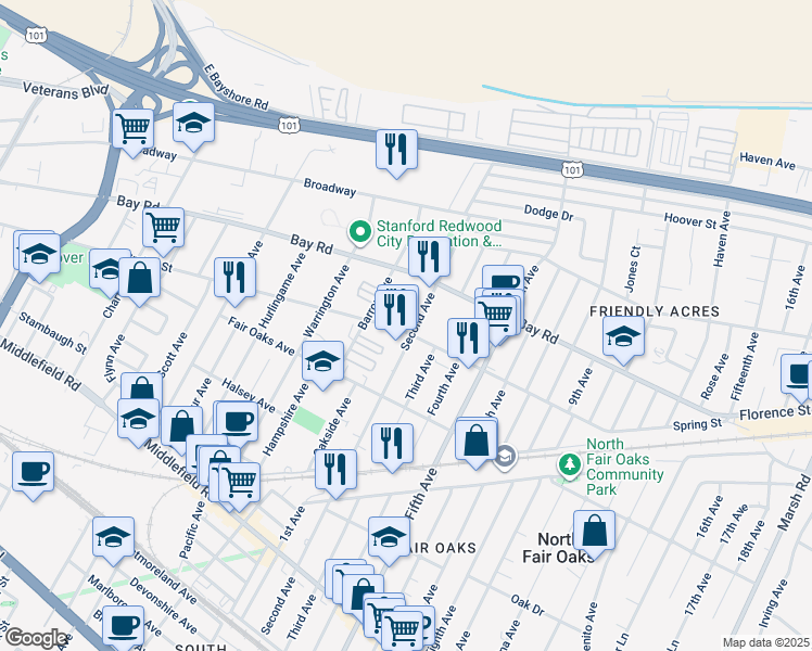 map of restaurants, bars, coffee shops, grocery stores, and more near 877 Second Avenue in Redwood City