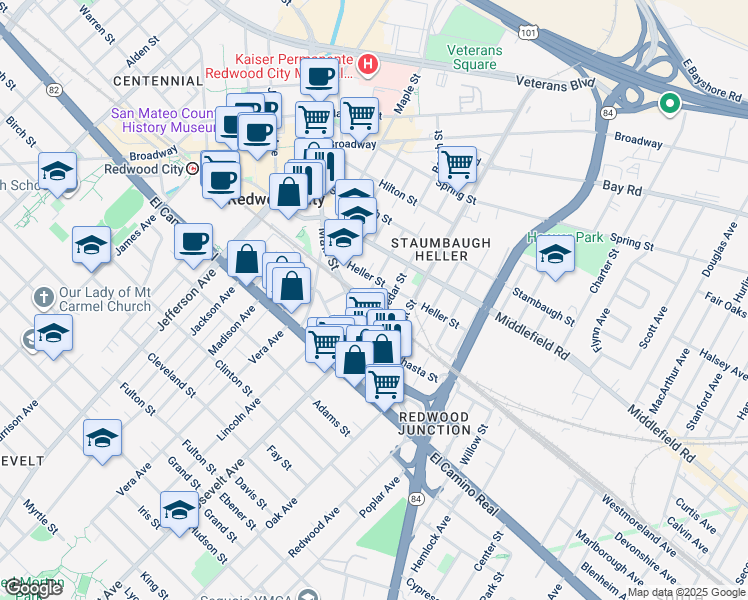 map of restaurants, bars, coffee shops, grocery stores, and more near 2 Beech Street in Redwood City